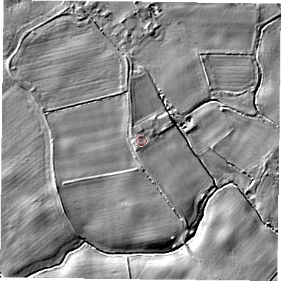 Shaded relief map of the ground around YO83QT, computed from Environment Agency LiDAR. The ground here sits at about 6 m above sea level and falls 5 m across the surrounding 800 m. Surface water reaching this point runs off ground lying to the south-west, 1.0 m higher.