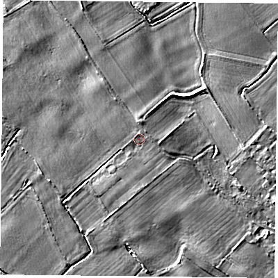 Shaded relief map of the ground around YO83QU, computed from Environment Agency LiDAR. The ground here sits at about 7 m above sea level and falls 4 m across the surrounding 800 m. Surface water reaching this point runs off ground lying to the north-east, 1.0 m higher.