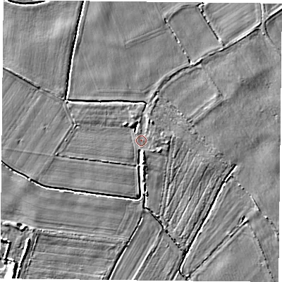 Shaded relief map of the ground around YO83QX, computed from Environment Agency LiDAR. The ground here sits at about 7 m above sea level and falls 5 m across the surrounding 800 m. Surface water reaching this point runs off ground lying to the north-west, 2.5 m higher.