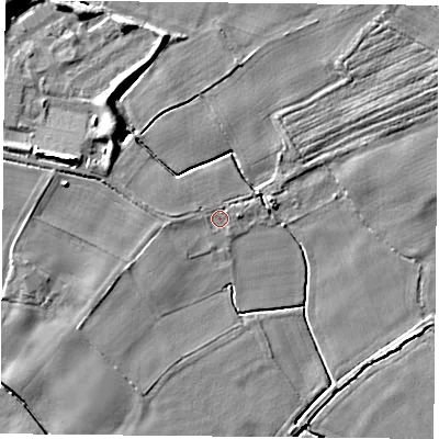 Shaded relief map of the ground around YO83QZ, computed from Environment Agency LiDAR. The ground here sits at about 6 m above sea level and falls 11 m across the surrounding 800 m. Surface water reaching this point runs off ground lying to the west, 1.1 m higher.