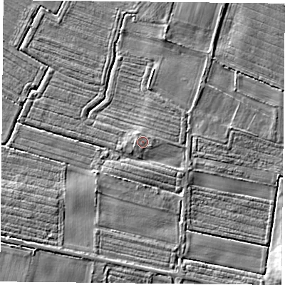 Shaded relief map of the ground around YO83RA, computed from Environment Agency LiDAR. The ground here sits at about 8 m above sea level and falls 4 m across the surrounding 800 m. Surface water reaching this point runs off ground lying to the west, 0.7 m higher.