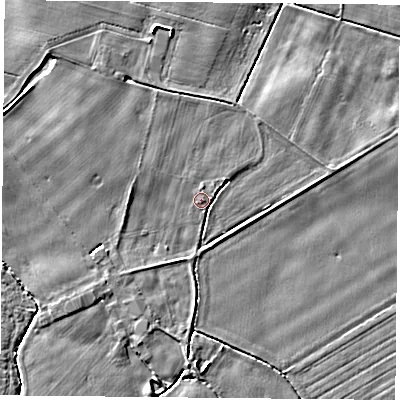 Shaded relief map of the ground around YO83RB, computed from Environment Agency LiDAR. The ground here sits at about 7 m above sea level and falls 4 m across the surrounding 800 m. Surface water reaching this point runs off ground lying to the north, 1.8 m higher.