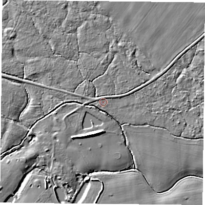 Shaded relief map of the ground around YO83RD, computed from Environment Agency LiDAR. The ground here sits at about 7 m above sea level and falls 8 m across the surrounding 800 m. Surface water reaching this point runs off ground lying to the east-north-east, 1.5 m higher.