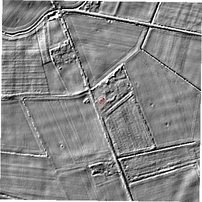 Shaded relief map of the ground around YO83RE, computed from Environment Agency LiDAR. The ground here sits at about 6 m above sea level and falls 5 m across the surrounding 800 m. The ground contributing surface water to this point lies to the south.