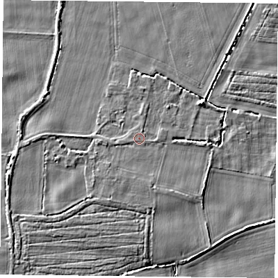 Shaded relief map of the ground around YO83RG, computed from Environment Agency LiDAR. The ground here sits at about 7 m above sea level and falls 4 m across the surrounding 800 m. Surface water reaching this point runs off ground lying to the south-west, 0.9 m higher.