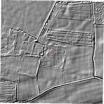Shaded relief map of the ground around YO83RH, computed from Environment Agency LiDAR. The ground here sits at about 6 m above sea level and falls 5 m across the surrounding 800 m. Surface water reaching this point runs off ground lying to the north-west, 2.9 m higher.