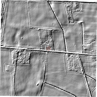 Shaded relief map of the ground around YO83RJ, computed from Environment Agency LiDAR. The ground here sits at about 5 m above sea level and falls 5 m across the surrounding 800 m. Surface water reaching this point runs off ground lying to the west-north-west, 3.7 m higher.