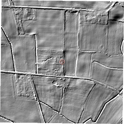 Shaded relief map of the ground around YO83RL, computed from Environment Agency LiDAR. The ground here sits at about 6 m above sea level and falls 5 m across the surrounding 800 m. Surface water reaching this point runs off ground lying to the west, 1.2 m higher.