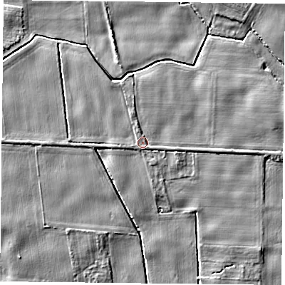 Shaded relief map of the ground around YO83RN, computed from Environment Agency LiDAR. The ground here sits at about 7 m above sea level and falls 5 m across the surrounding 800 m. Surface water reaching this point runs off ground lying to the north-north-west, 0.9 m higher.