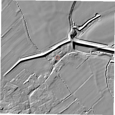 Shaded relief map of the ground around YO83RP, computed from Environment Agency LiDAR. The ground here sits at about 5 m above sea level and falls 7 m across the surrounding 800 m. Surface water reaching this point runs off ground lying to the west, 4.7 m higher.