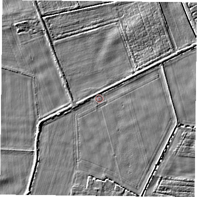 Shaded relief map of the ground around YO83RQ, computed from Environment Agency LiDAR. The ground here sits at about 6 m above sea level and falls 4 m across the surrounding 800 m. Surface water reaching this point runs off ground lying to the south-west, 2.3 m higher.