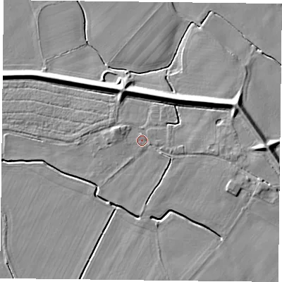 Shaded relief map of the ground around YO83RR, computed from Environment Agency LiDAR. The ground here sits at about 5 m above sea level and falls 7 m across the surrounding 800 m. Surface water reaching this point runs off ground lying to the east, 5.5 m higher.