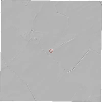 Shaded relief map of the ground around YO83RS, computed from Environment Agency LiDAR. The ground here sits at about 4 m above sea level and falls 5 m across the surrounding 800 m. Surface water reaching this point runs off ground lying to the north-north-west, 1.3 m higher.