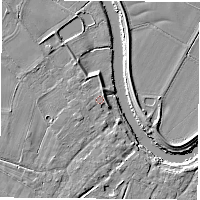 Shaded relief map of the ground around YO83RT, computed from Environment Agency LiDAR. The ground here sits at about 7 m above sea level and falls 7 m across the surrounding 800 m. Surface water reaching this point runs off ground lying to the west-south-west, 2.4 m higher.