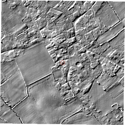 Shaded relief map of the ground around YO83RU, computed from Environment Agency LiDAR. The ground here sits at about 6 m above sea level and falls 4 m across the surrounding 800 m. Surface water reaching this point runs off ground lying to the north-north-west, 3.4 m higher.