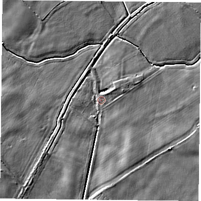 Shaded relief map of the ground around YO83RW, computed from Environment Agency LiDAR. The ground here sits at about 6 m above sea level and falls 5 m across the surrounding 800 m. Surface water reaching this point runs off ground lying to the north-east, 1.5 m higher.