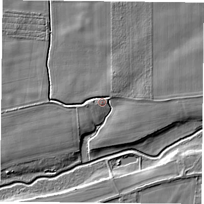Shaded relief map of the ground around YO83RX, computed from Environment Agency LiDAR. The ground here sits at about 6 m above sea level and falls 5 m across the surrounding 800 m. Surface water reaching this point runs off ground lying to the north, 2.9 m higher.
