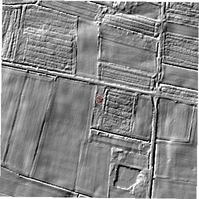 Shaded relief map of the ground around YO83RY, computed from Environment Agency LiDAR. The ground here sits at about 8 m above sea level and falls 5 m across the surrounding 800 m. Surface water reaching this point runs off ground lying to the north-north-east, 1.4 m higher.