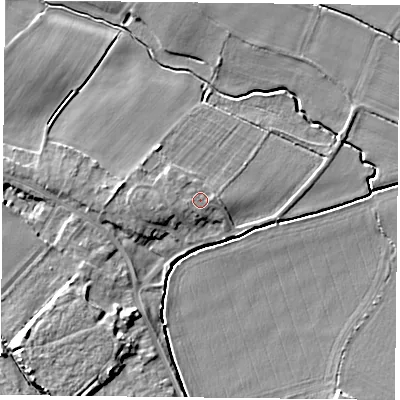 Shaded relief map of the ground around YO83RZ, computed from Environment Agency LiDAR. The ground here sits at about 5 m above sea level and falls 8 m across the surrounding 800 m. Surface water reaching this point runs off ground lying to the west-south-west, 1.0 m higher.