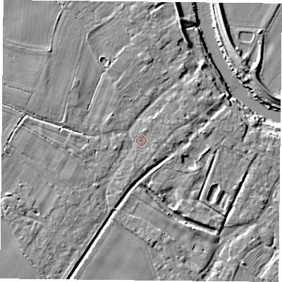 Shaded relief map of the ground around YO83SA, computed from Environment Agency LiDAR. The ground here sits at about 8 m above sea level and falls 7 m across the surrounding 800 m. Surface water reaching this point runs off ground lying to the north, 2.1 m higher.