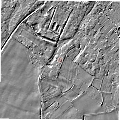 Shaded relief map of the ground around YO83SB, computed from Environment Agency LiDAR. The ground here sits at about 7 m above sea level and falls 4 m across the surrounding 800 m. Surface water reaching this point runs off ground lying to the south-south-west, 0.7 m higher.