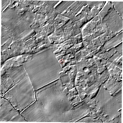 Shaded relief map of the ground around YO83SE, computed from Environment Agency LiDAR. The ground here sits at about 6 m above sea level and falls 4 m across the surrounding 800 m. Surface water reaching this point runs off ground lying to the north-north-east, 3.3 m higher.