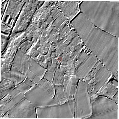 Shaded relief map of the ground around YO83SF, computed from Environment Agency LiDAR. The ground here sits at about 7 m above sea level and falls 4 m across the surrounding 800 m. Surface water reaching this point runs off ground lying to the north-west, 1.2 m higher.