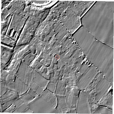 Shaded relief map of the ground around YO83SH, computed from Environment Agency LiDAR. The ground here sits at about 7 m above sea level and falls 7 m across the surrounding 800 m. Surface water reaching this point runs off ground lying to the south-south-west, 0.9 m higher.