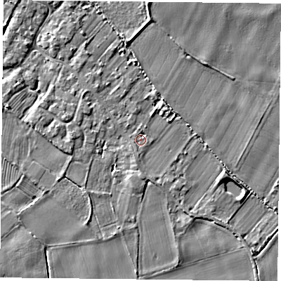 Shaded relief map of the ground around YO83SJ, computed from Environment Agency LiDAR. The ground here sits at about 7 m above sea level and falls 4 m across the surrounding 800 m. Surface water reaching this point runs off ground lying to the south-south-west, 1.3 m higher.