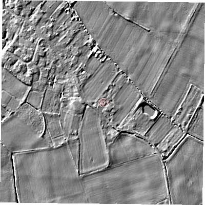 Shaded relief map of the ground around YO83SL, computed from Environment Agency LiDAR. The ground here sits at about 8 m above sea level and falls 4 m across the surrounding 800 m. Surface water reaching this point runs off ground lying to the south-west, 1.0 m higher.