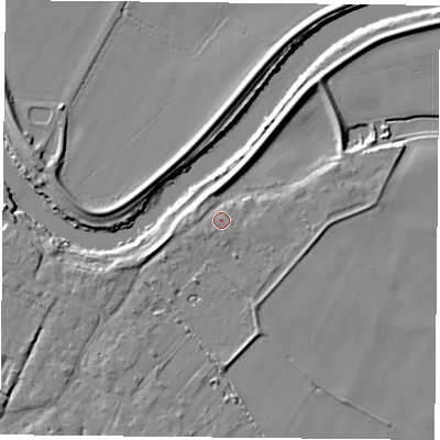 Shaded relief map of the ground around YO83SN, computed from Environment Agency LiDAR. The ground here sits at about 7 m above sea level and falls 6 m across the surrounding 800 m. Surface water reaching this point runs off ground lying to the west, 4.2 m higher.