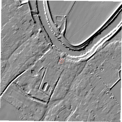 Shaded relief map of the ground around YO83SP, computed from Environment Agency LiDAR. The ground here sits at about 7 m above sea level and falls 7 m across the surrounding 800 m. Surface water reaching this point runs off ground lying to the west, 1.8 m higher.