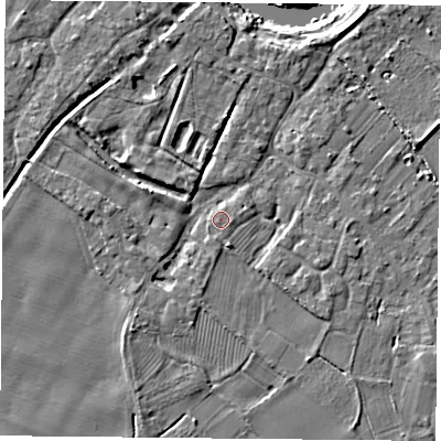 Shaded relief map of the ground around YO83SQ, computed from Environment Agency LiDAR. The ground here sits at about 7 m above sea level and falls 7 m across the surrounding 800 m. Surface water reaching this point runs off ground lying to the south-south-west, 1.1 m higher.
