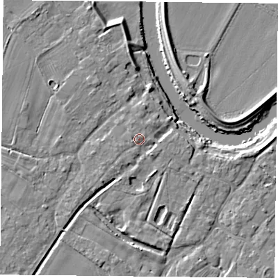 Shaded relief map of the ground around YO83SR, computed from Environment Agency LiDAR. The ground here sits at about 8 m above sea level and falls 7 m across the surrounding 800 m. Surface water reaching this point runs off ground lying to the west-south-west, 1.5 m higher.