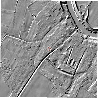 Shaded relief map of the ground around YO83SS, computed from Environment Agency LiDAR. The ground here sits at about 8 m above sea level and falls 7 m across the surrounding 800 m. Surface water reaching this point runs off ground lying to the north-north-east, 0.5 m higher.