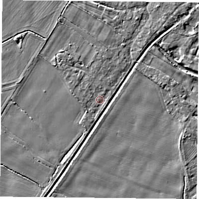 Shaded relief map of the ground around YO83ST, computed from Environment Agency LiDAR. The ground here sits at about 8 m above sea level and falls 3 m across the surrounding 800 m. Surface water reaching this point runs off ground lying to the south-west, 1.0 m higher.