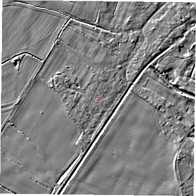 Shaded relief map of the ground around YO83SU, computed from Environment Agency LiDAR. The ground here sits at about 8 m above sea level and falls 3 m across the surrounding 800 m. Surface water reaching this point runs off ground lying to the west-north-west, 1.4 m higher.