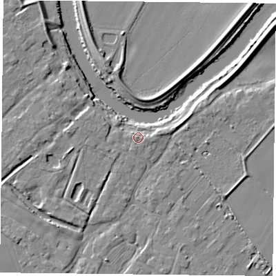 Shaded relief map of the ground around YO83SW, computed from Environment Agency LiDAR. The ground here sits at about 7 m above sea level and falls 7 m across the surrounding 800 m. Surface water reaching this point runs off ground lying to the west-south-west, 2.5 m higher.