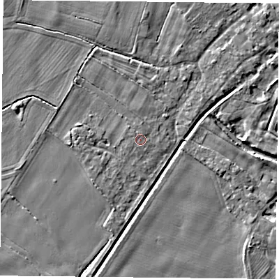Shaded relief map of the ground around YO83SX, computed from Environment Agency LiDAR. The ground here sits at about 8 m above sea level and falls 3 m across the surrounding 800 m. Surface water reaching this point runs off ground lying to the north-north-east, 0.6 m higher.
