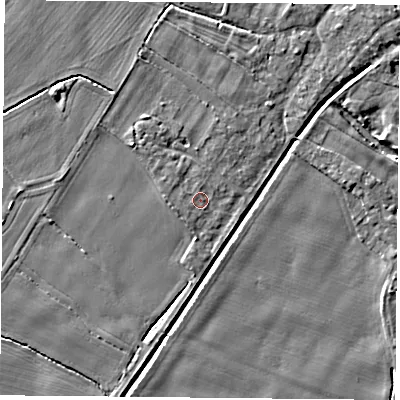 Shaded relief map of the ground around YO83SY, computed from Environment Agency LiDAR. The ground here sits at about 8 m above sea level and falls 3 m across the surrounding 800 m. Surface water reaching this point runs off ground lying to the west-south-west, 0.8 m higher.