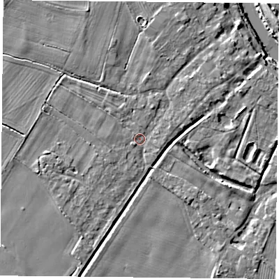 Shaded relief map of the ground around YO83SZ, computed from Environment Agency LiDAR. The ground here sits at about 7 m above sea level and falls 7 m across the surrounding 800 m. Surface water reaching this point runs off ground lying to the north-north-east, 2.1 m higher.
