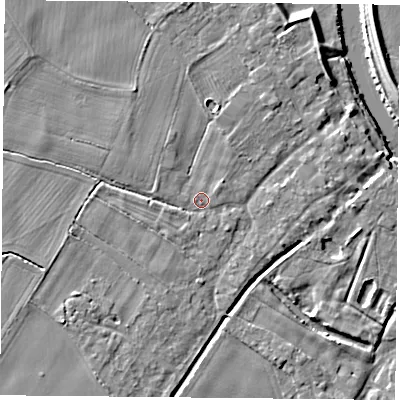 Shaded relief map of the ground around YO83TA, computed from Environment Agency LiDAR. The ground here sits at about 8 m above sea level and falls 7 m across the surrounding 800 m. Surface water reaching this point runs off ground lying to the north-north-west, 2.2 m higher.
