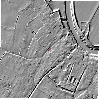 Shaded relief map of the ground around YO83TB, computed from Environment Agency LiDAR. The ground here sits at about 7 m above sea level and falls 7 m across the surrounding 800 m. Surface water reaching this point runs off ground lying to the north, 2.1 m higher.