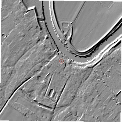 Shaded relief map of the ground around YO83TD, computed from Environment Agency LiDAR. The ground here sits at about 8 m above sea level and falls 7 m across the surrounding 800 m. Surface water reaching this point runs off ground lying to the west, 2.9 m higher.