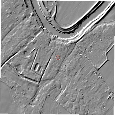 Shaded relief map of the ground around YO83TE, computed from Environment Agency LiDAR. The ground here sits at about 7 m above sea level and falls 7 m across the surrounding 800 m. The ground contributing surface water to this point lies to the north-west.