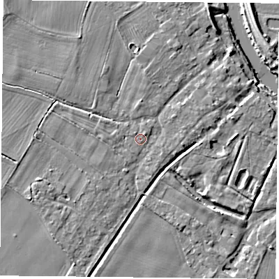 Shaded relief map of the ground around YO83TF, computed from Environment Agency LiDAR. The ground here sits at about 8 m above sea level and falls 7 m across the surrounding 800 m. Surface water reaching this point runs off ground lying to the north-east, 1.2 m higher.