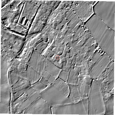 Shaded relief map of the ground around YO83TG, computed from Environment Agency LiDAR. The ground here sits at about 8 m above sea level and falls 4 m across the surrounding 800 m. Surface water reaching this point runs off ground lying to the north-east, 1.0 m higher.
