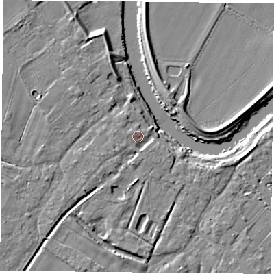 Shaded relief map of the ground around YO83TH, computed from Environment Agency LiDAR. The ground here sits at about 8 m above sea level and falls 7 m across the surrounding 800 m. Surface water reaching this point runs off ground lying to the west-south-west, 1.7 m higher.