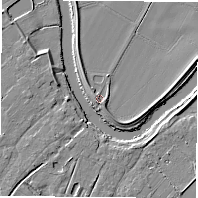 Shaded relief map of the ground around YO83TJ, computed from Environment Agency LiDAR. The ground here sits at about 6 m above sea level and falls 7 m across the surrounding 800 m. Surface water reaching this point runs off ground lying to the west-north-west, 2.8 m higher.