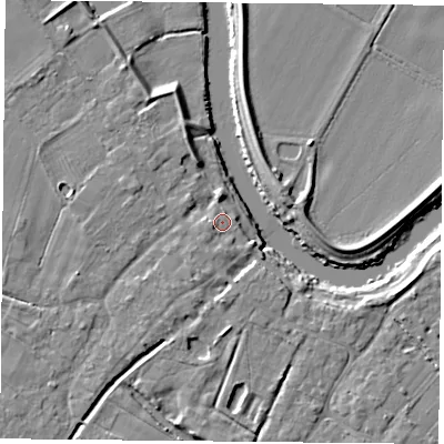 Shaded relief map of the ground around YO83TL, computed from Environment Agency LiDAR. The ground here sits at about 7 m above sea level and falls 7 m across the surrounding 800 m. Surface water reaching this point runs off ground lying to the south-west, 1.5 m higher.